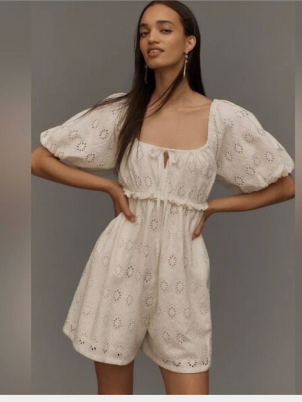 Anthropologie Pilcro Puff Sleeve Cream Eyelet Romper Nwt XSP